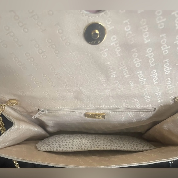 Rodo Gold Leather Evening Bag, Gold Chain Shoulder Strap Swarovski Crystal Mint - Picture 10 of 11